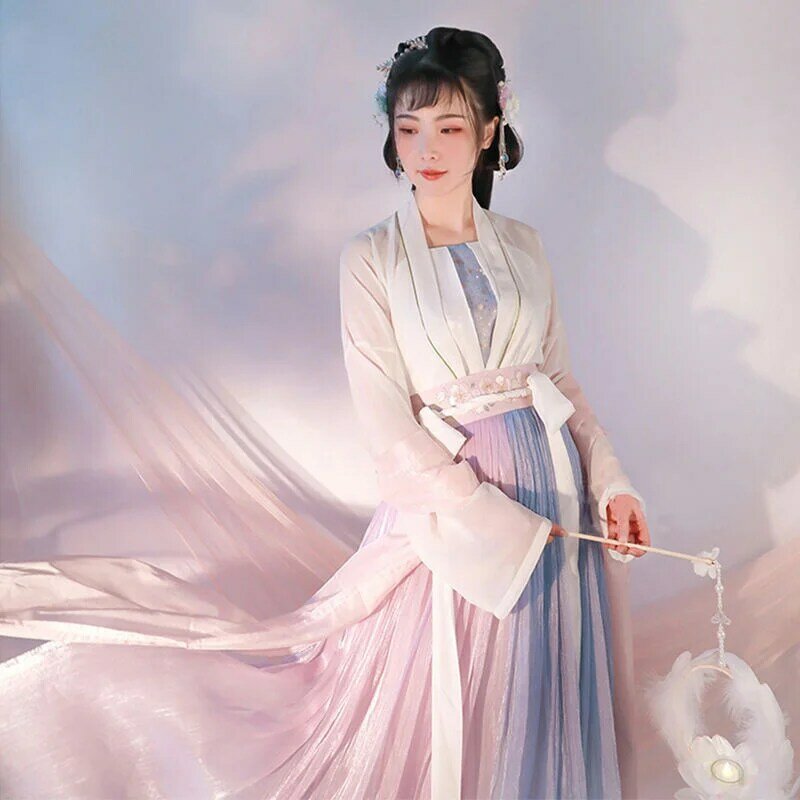 2022 Tradisional Wanita Bunga Hanfu Gaun Han Kostum Perempuan Antik Ru Rok Lengan Lebar Han Kostum Tari Hanfu