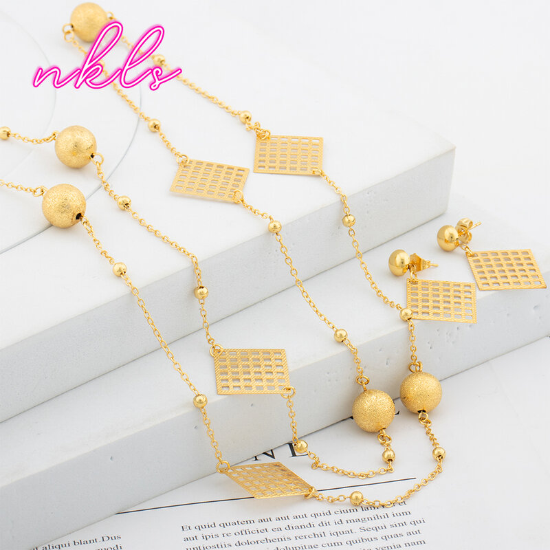 Luxury Long Chain Necklace Stud Earings Set Vintage Gold Color Necklaces for Women Fashion Charms Fashion Jewelry Wedding Gift
