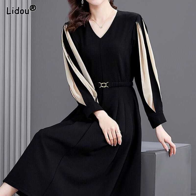 V-Neck High-quality Intellectuality Knee-length Dresses Autumn Belt Spliced Lantern Sleeve Pullover England Style Ladies Cloths