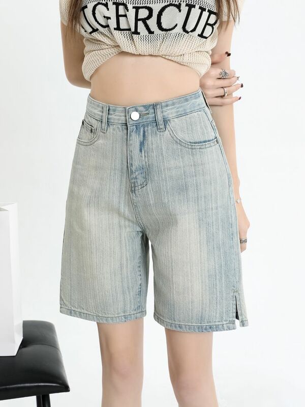 Shorts jeans clássicos de cintura alta para mulheres, calças casuais de perna larga, jeans stright, verão, quinta