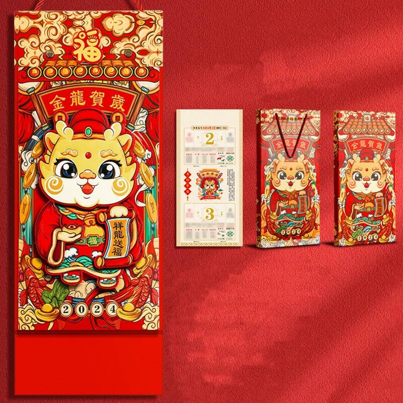 Calendário de Parede Tradicional Chinesa para Casa e Quarto, Ano Lunar do Dragão, Decorações Festivas, 2024