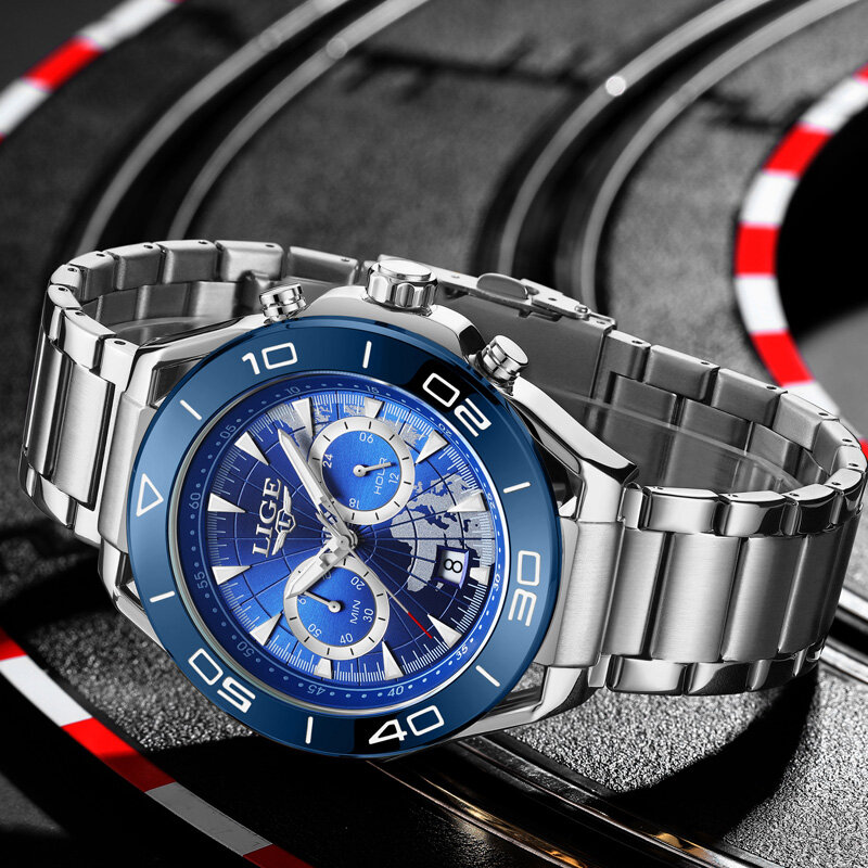Часы наручные LIGE Мужские кварцевые в деловом стиле, брендовые Роскошные Светящиеся в темноте часы с хронографом из нержавеющей стали, синие
