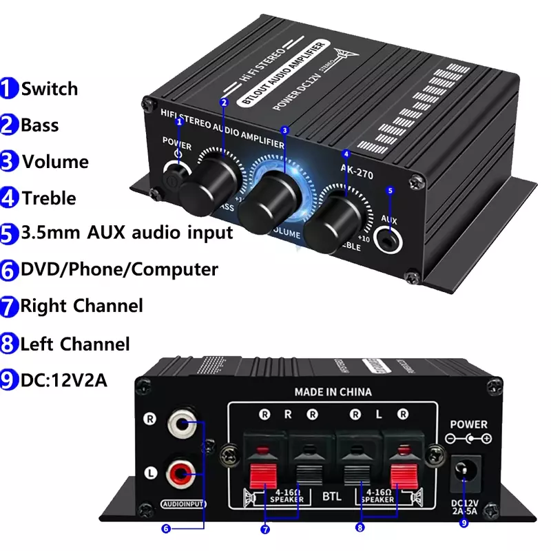 Amplificador HIFI AK-270 para cine en casa, sistema de sonido estéreo de 2,0 canales, ajuste de graves y agudos, MP3 negro, DC12V