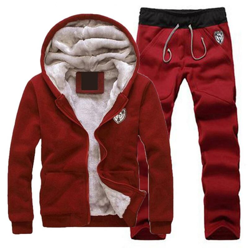 Men's Sets Jacket + pant Warm Fur Winter Sweatshirt Cashmere Tracksuit Fleece Zipper Hooded Coat Drawstring Pants Outwear
