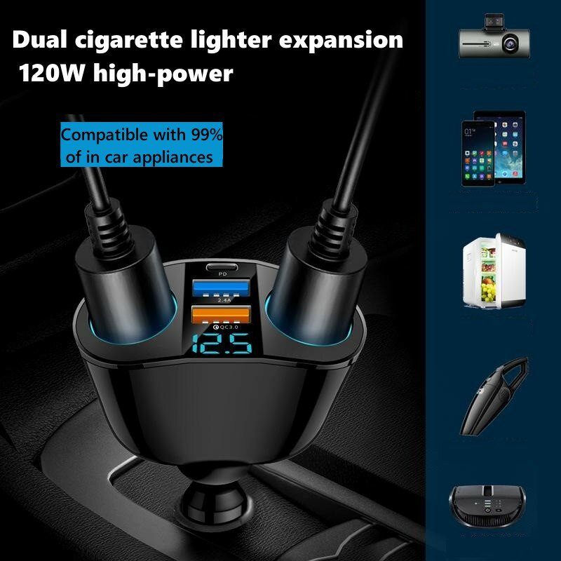 Dual USB Tipo-C Carregamento do Carro, Isqueiro, Expansão, Display Digital, QC3.0, Carregamento Rápido, Carregador de Carro Multifuncional, Novo