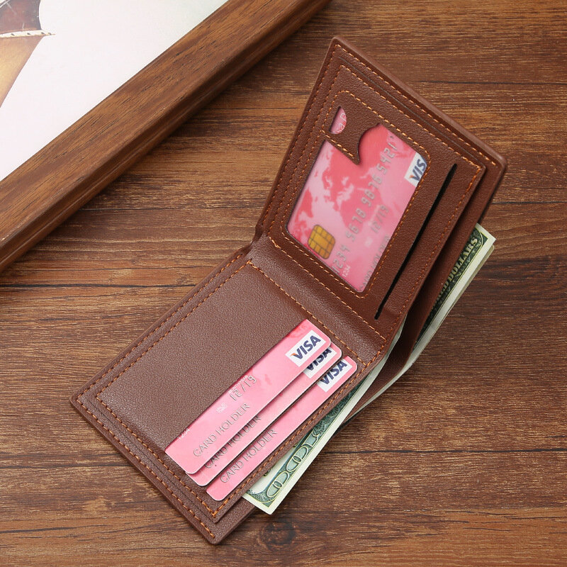 Cartera de moda para hombre, tarjetero de identificación/crédito, bolso multitarjeta, dos pliegues, monedero pequeño negro/marrón, 2024