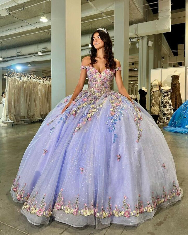 Vestidos de fadas princesas Quinceanera, Ombro, Desosta floral 3D, roxo lilás, 15 anos, 24 anos, 2024
