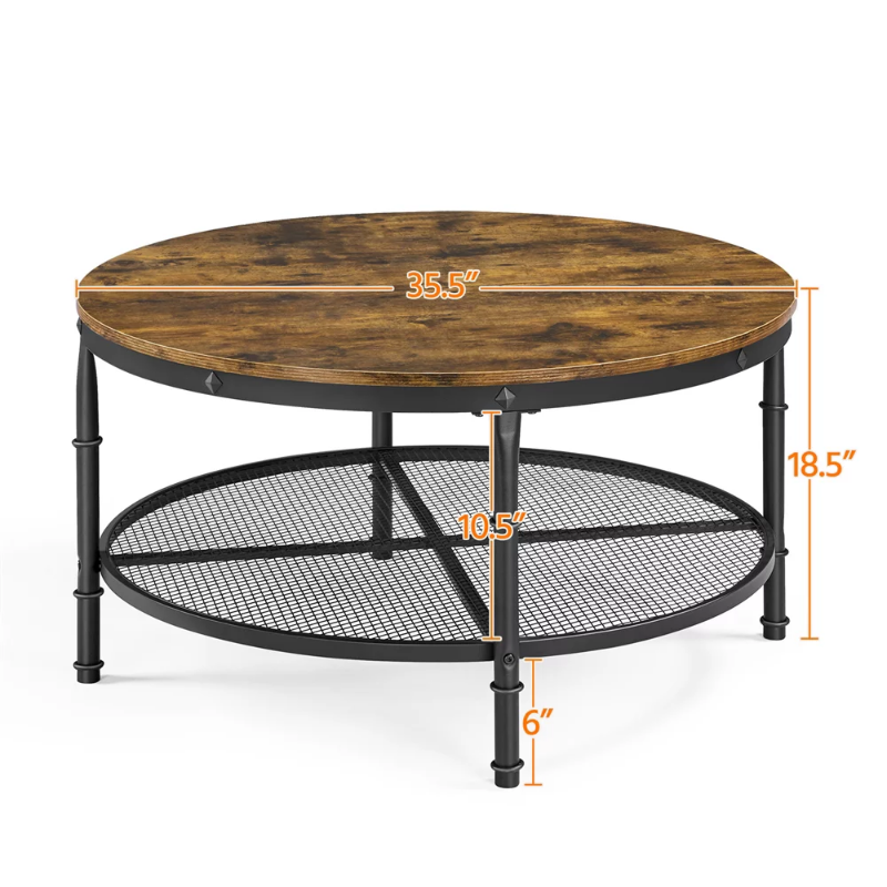 Modern Round Metal Coffee Table with Storage Shelf, Rustic Brown