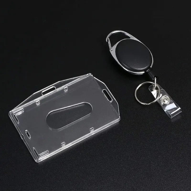 透明な硬質アクリルプラスチック作業idカードホルダー保護カバー付き格納式キーホルダープルバッジリールidストラップネームタグ