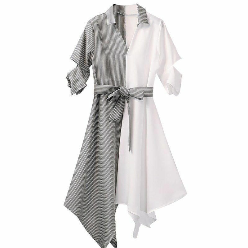 エレガントなストライプのドレス,女性のためのVネックの不規則な分割,カジュアルな韓国の夏服2023