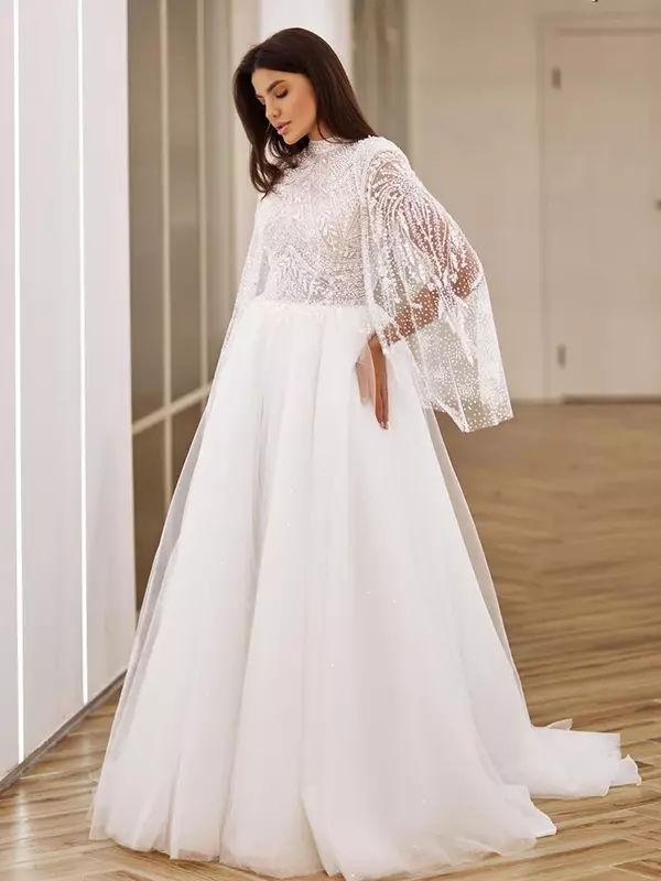Luxuoso vestido de noiva até o chão, tule com beading, vestido de baile, gola alta, manga shwlfull, vestido de noiva, botão traseiro