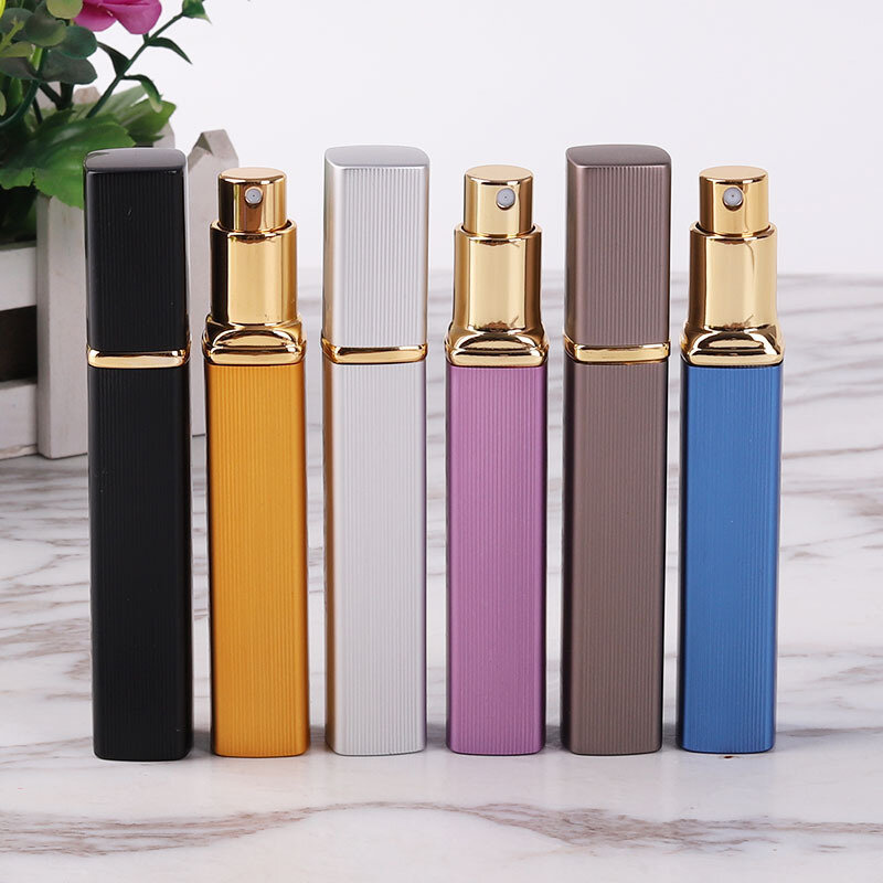 Botol semprot parfum Mini 12ml, kotak wadah cair persegi, kosmetik perjalanan kosong isi ulang tangki logam nosel aluminium