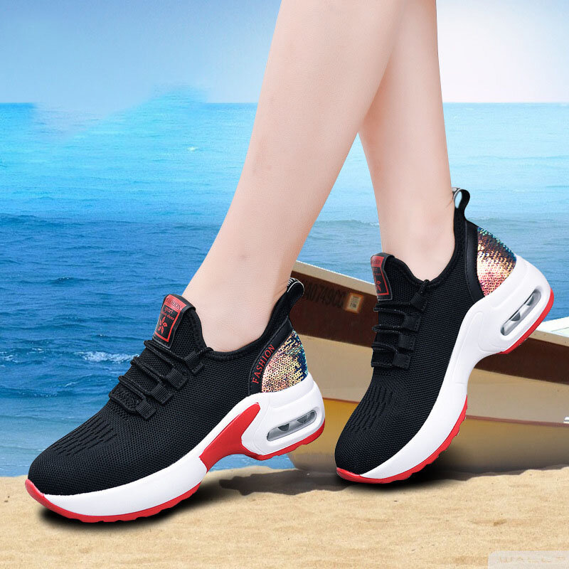 Flying Woven Mesh Square Dance Shoes para mulheres, calçados esportivos de sola grossa feminina, malha respirável elegante, verão