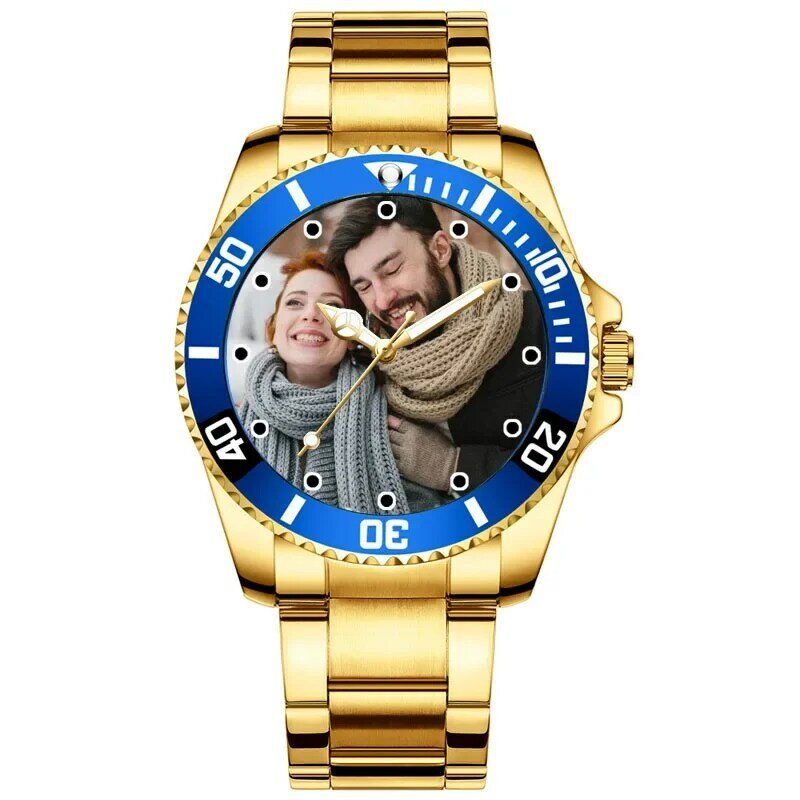 Goldene Männer Uhr benutzer definierte Foto Uhr Edelstahl Bild druck Uhr Logo Bild benutzer definierte Fotos Persönlichkeit Armbanduhr
