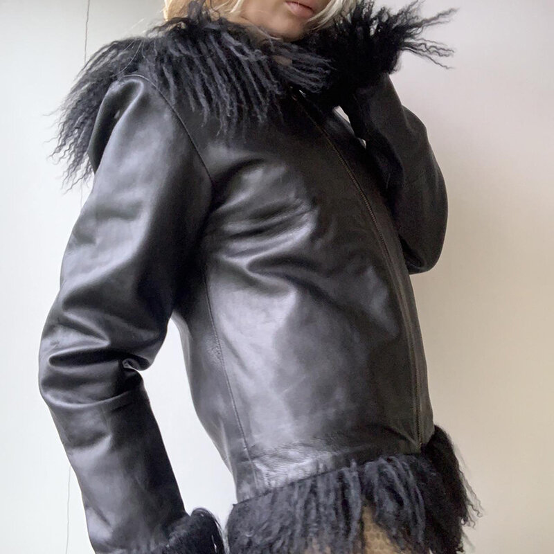 Gotycka czarna elegancka moda Faux skórzana kurtka główna ulica moda Zip Up z długim rękawem kurtki jesienne kobiety wykończone futrem płaszcze Punk