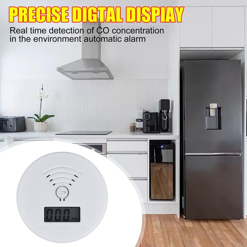Detector de alarma de monóxido de carbono independiente, pantalla Digital LED, Mini Sensor de CO, alimentado por batería con advertencia de sonido para el hogar y la cocina