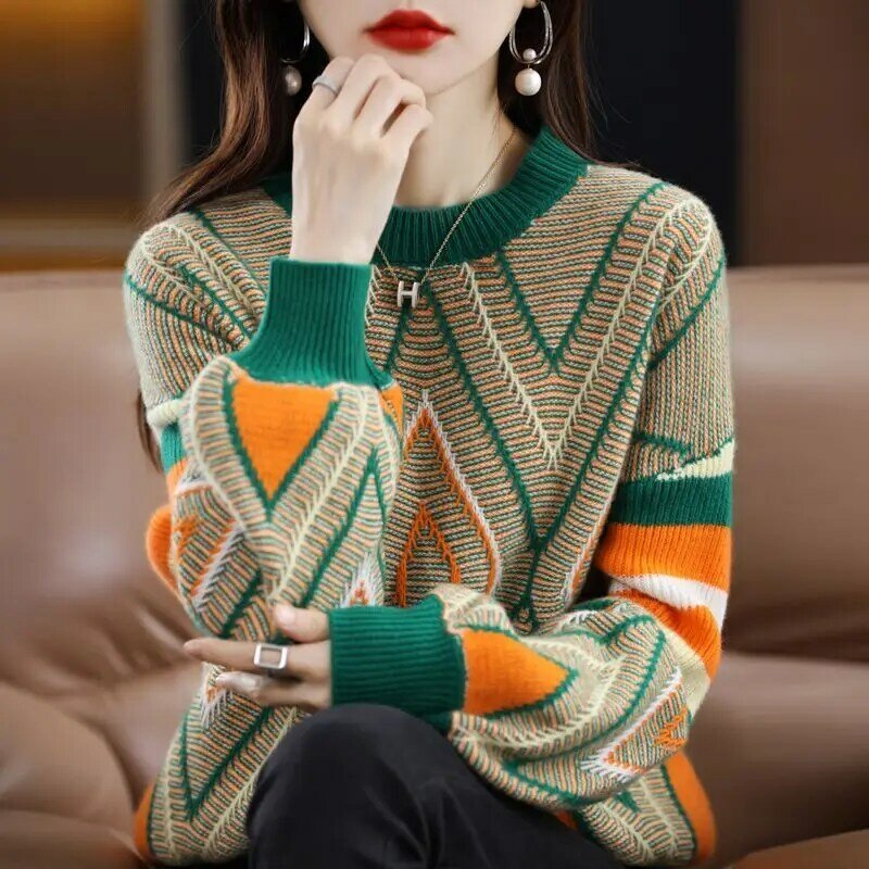 여성용 루즈 두꺼운 기하학 패턴 스웨터, 올매치 긴팔, 라운드넥 점퍼, 여성 의류, 가을, 겨울 패션