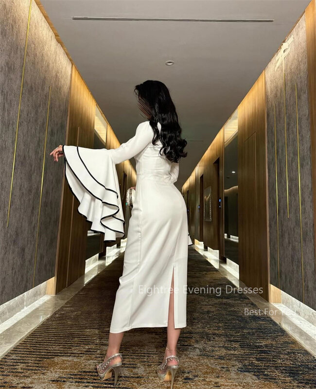 Achtziger Elfenbein Slim Fit Meerjungfrau Abendkleider o Hals Dubai formelle Ballkleid gestufte Rüschen Ärmel elegante Hochzeit Gast kleid