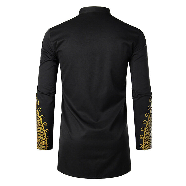 아프리카 황금 광택 원피스 셔츠, 아프리카 남성 티셔츠, 긴팔 중간 길이 무슬림 캐주얼 의류, 프린트 상의, 2024 패션