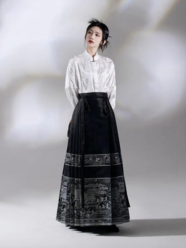ملابس على الطراز الصيني للنساء ، روب آسيوي ، تنورات وجه الحصان التقليدية ، ميدي ماميانكون ، هانفو ، تنورة سوداء طويلة
