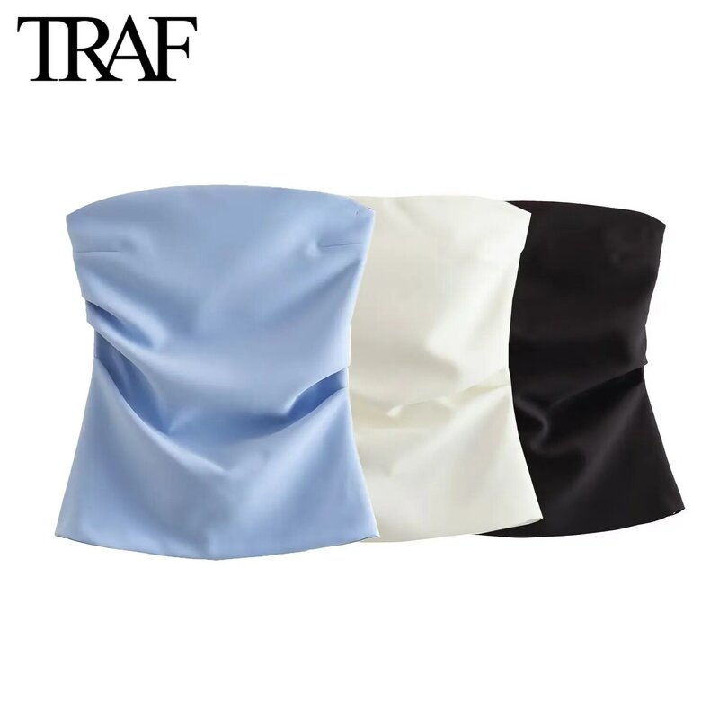 TRAF Women Fashion Summer New Back Zipper Strapless Sleeveless Blouse Street Clothing Vest Tank Chic Ladies Crop Tops Mujer