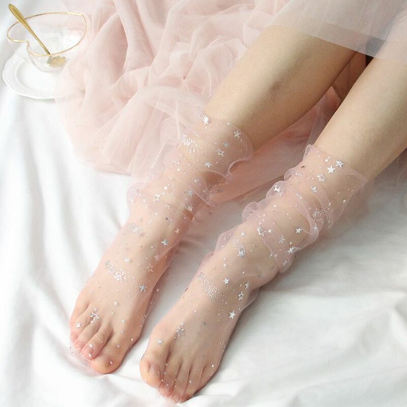 Malha transparente feminina Glitter estrelas e meias de lua, arrastão, cor doce, elegante, Harajuku