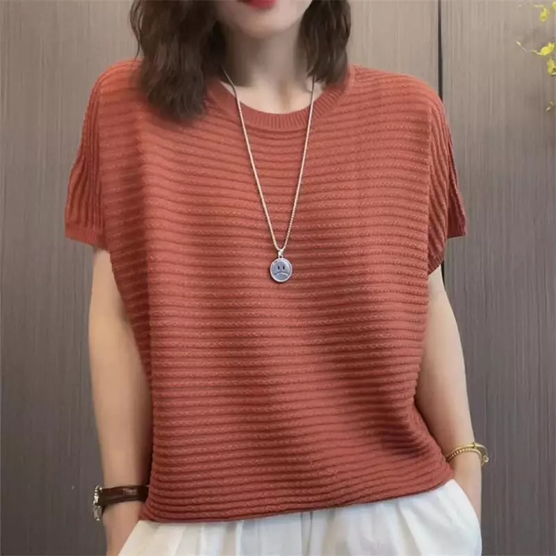Jersey básico de manga corta para mujer, ropa de verano, prendas de punto finas, color liso, cuello redondo