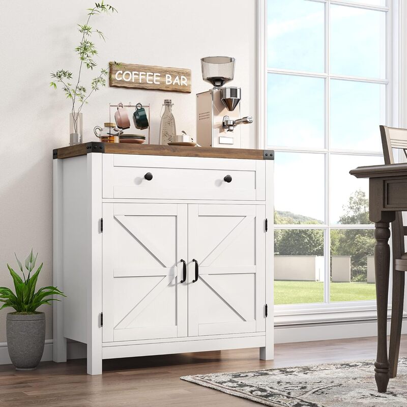 Modern Farmhouse Buffet Sideboard with Drawer and Adjustable Shelf, Barn Door Storage Cabinet for Kitchen, Dining Room, Bathroom