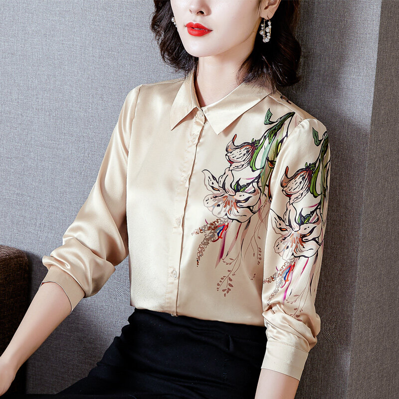 Koreanische Seide Frauen Shirts Frau Satin Blusen Tops Frauen Langarm Shirts Frau Satin Seide Hemd Blusas Mujer De Moda 2022 XXL