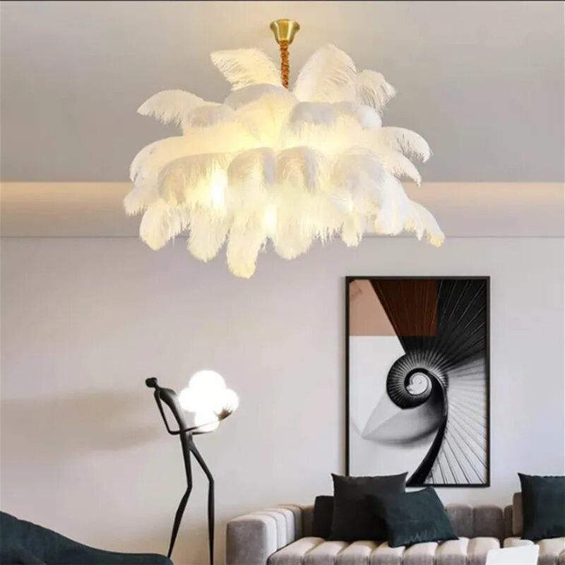 Nordic strusie pióra lampa wisząca biała lampa z piór do salonu dekoracja sypialni dla dzieci wisząca lampa oświetlenia wewnętrznego