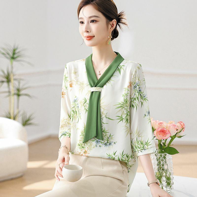 Fashion V-Neck Printed Lace Up Elegant Floral Blouses Women's Clothing 2024 Summer New Loose All-match Tops Office Lady Shirts