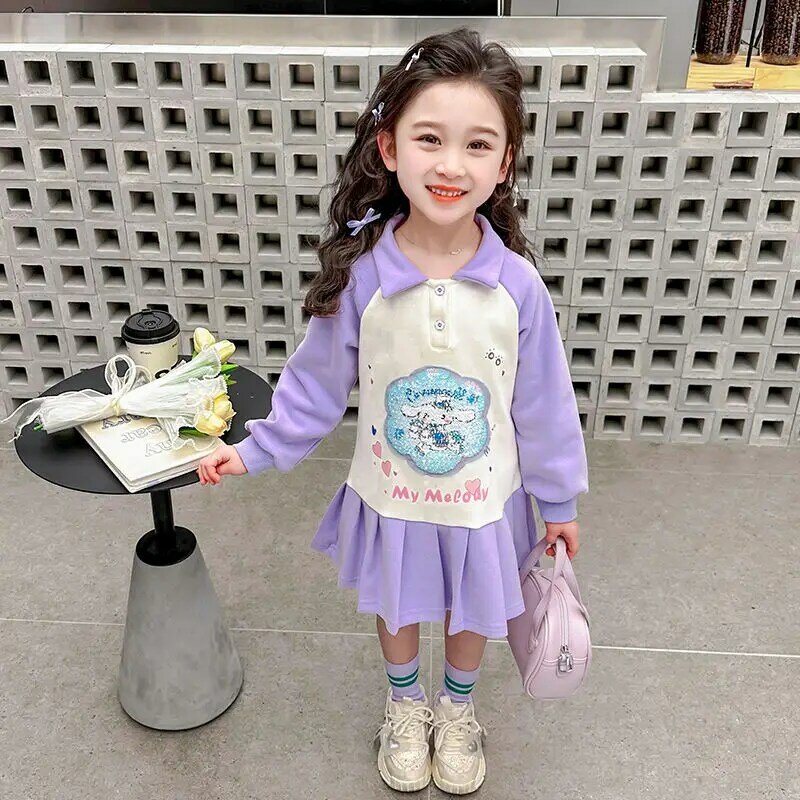 Аниме Sanrios платье с длинным рукавом Kawaii Kuromi Милая преппи юбка модная плиссированная юбка Милая юбка принцессы детская одежда