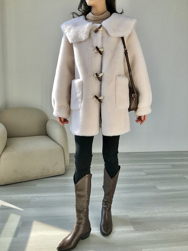 Abrigo de piel auténtica para mujer, chaqueta de lana de tejido Natural, con botón de cuerno, gruesa, cálida, con cuello azul marino, ropa de calle larga, 2023