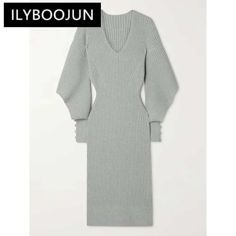 ILYBOOJUN Hollow Out Minimalist Dresses For Women V Neck Long Sleeve High Waist Pullover Autumn Dress Female Fashion Clothes