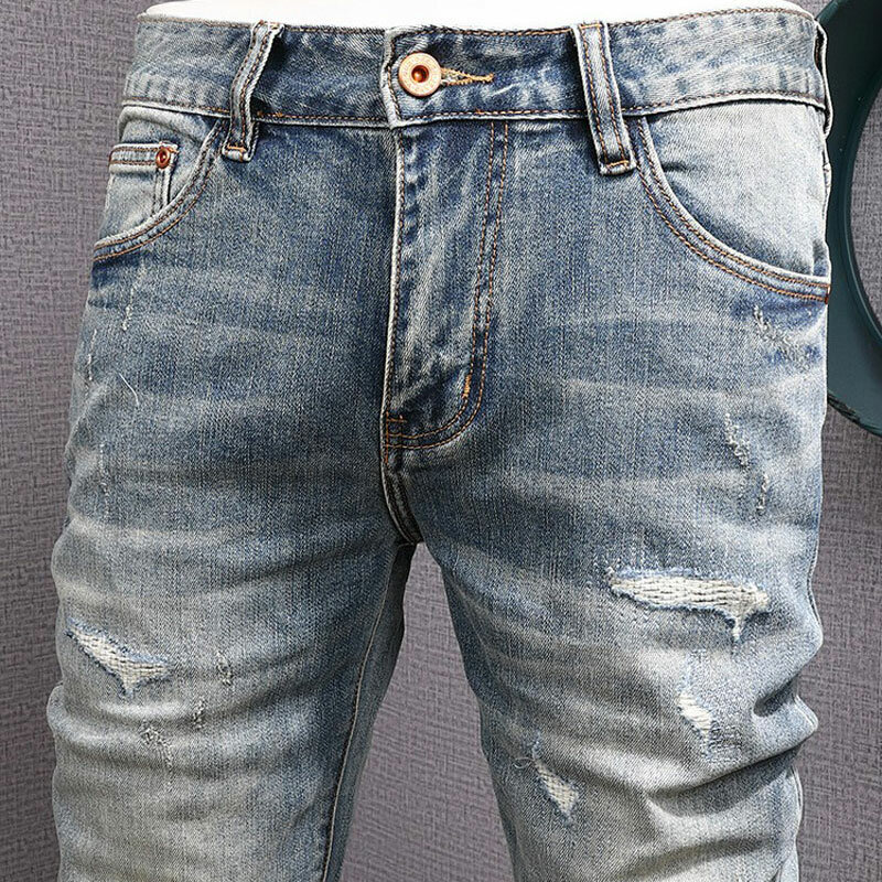 Новые дизайнерские модные мужские джинсы в стиле ретро, потертые синие Эластичные зауженные рваные джинсы, мужские брюки с рисунком, винтажные джинсовые брюки для мужчин