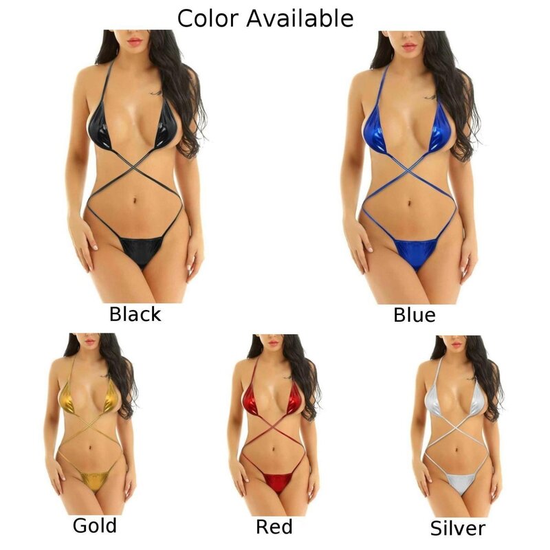 Women Patent Leather Sexy Lingerie Thong Cross Bandage Micro Bodysuit Bra Underwear One Piece Swimsuit Swimwear Bathing Suits