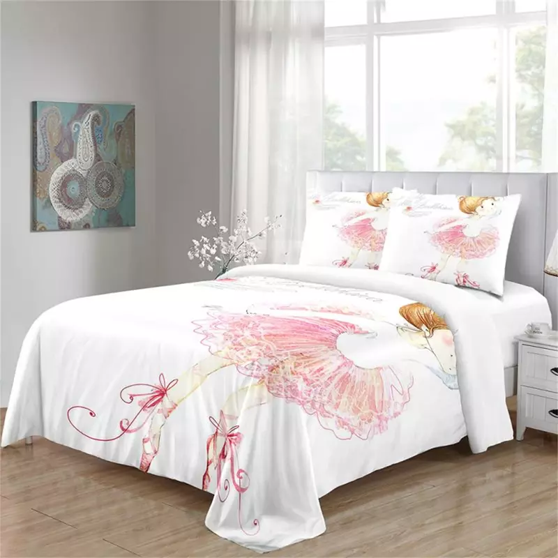 Pink Dance Princess Swan Cartoon Cute Girl Kids 3pcs Bedding Sets Single Double Bed Duvet Cover Set and 2 pcs Pillow cover