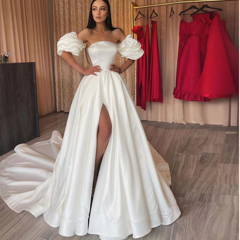 White Elegant Wedding Dress Satin Strapless High Slit Sweep Train Floor Length Long Wedding Party Bridal Gown robe de mariée