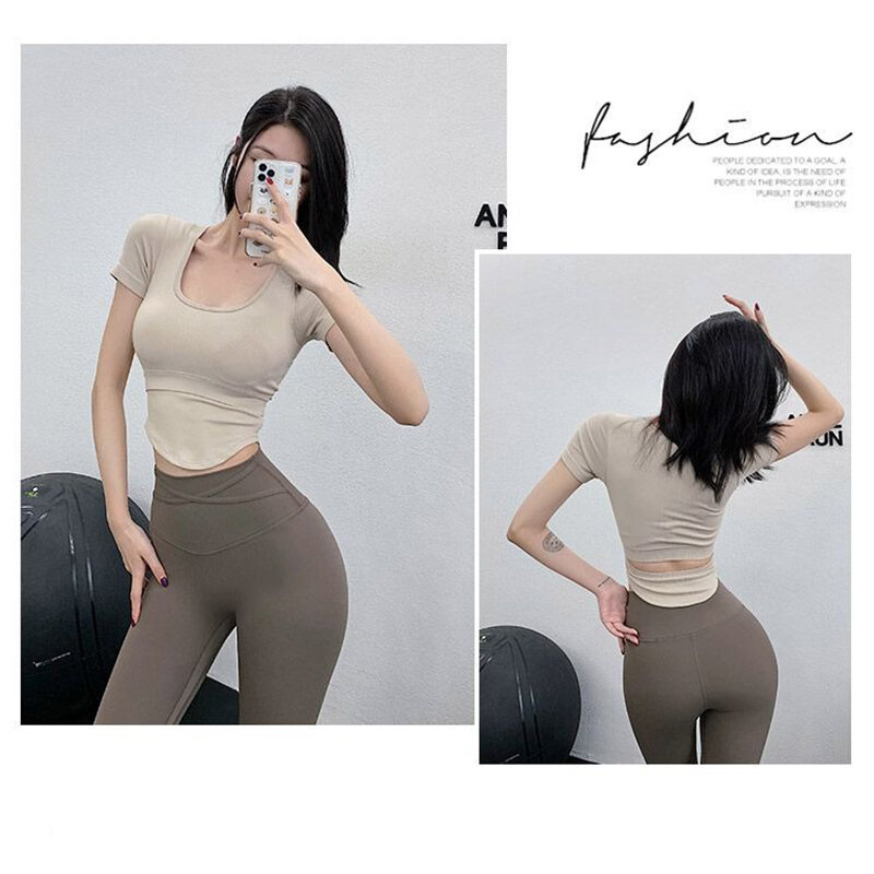 Aiithuug U-neck Hollow Back Curve Hem Thread Yoga Tops With Built In Cup Tight Fitting Short Sleeves Quick Drying Gym Sport Suit