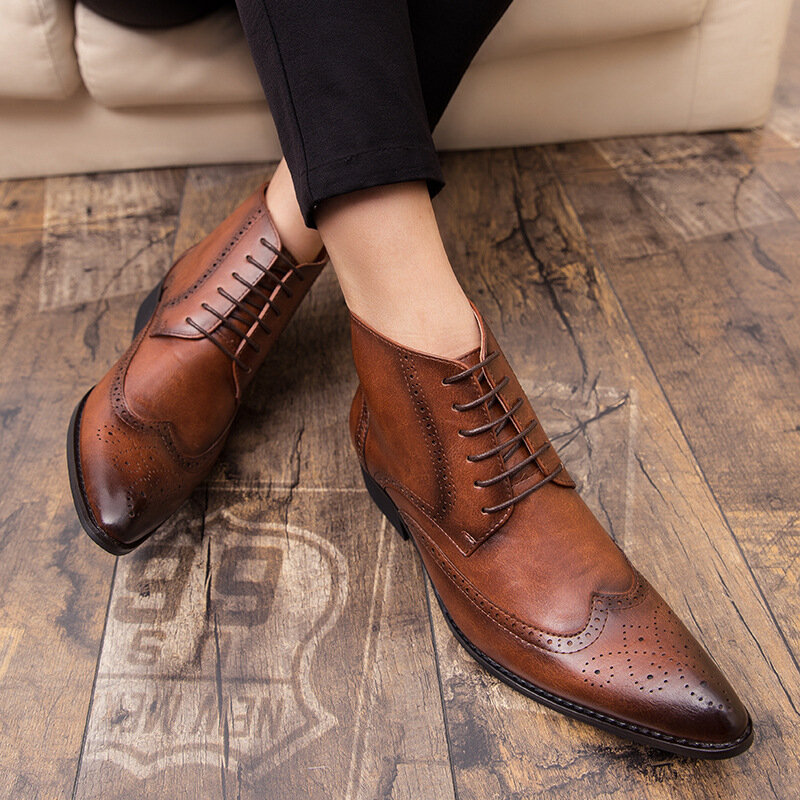Botas de tornozelo masculinas, sapatos casuais de couro com cadarço para homens, estilo oxford, primavera e outono