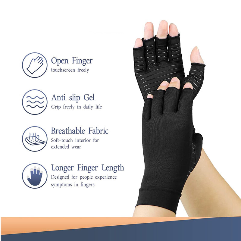 Guantes de compresión para artritis, guantes de cobre para aliviar el dolor de manos, hinchazón y túnel carpiano, sin dedos para escribir, 1 par