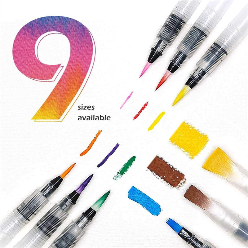 3/9Pcs พู่กันสีน้ำปากกาชุด Super ใช้งานง่ายและเติมน้ำดินสอสี Aqua แปรงปากกาสำหรับผู้เริ่มต้นเด็ก