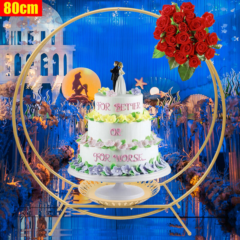 Emas/perak dua lingkaran rak lengkungan pernikahan tampilan kue balon berdiri pemegang bunga latar belakang perak/emas