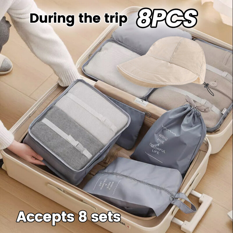Baru 8 buah Set kantong penyimpanan perjalanan + topi mode setelan pakaian portabel tas koper barang penyusun rapi barang esensial rumah uniseks