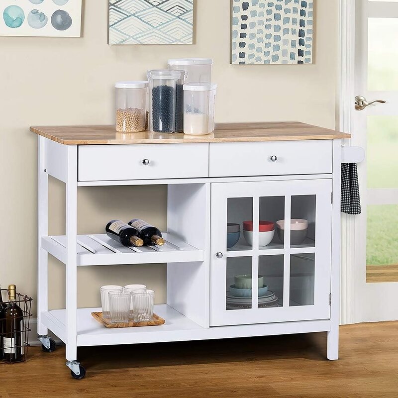ChooChoo Rolling Kitchen Island, Portable Kitchen Cart Wood Top Kitchen Trolley with Drawers and Glass Door Cabinet, Wine Shelf
