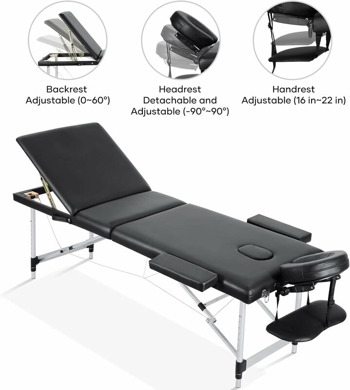Careboda-Mesa de massagem portátil alumínio, altura ajustável cama com encosto de cabeça, braços e Carry Bag, 3 vezes, 23,6 "Wide