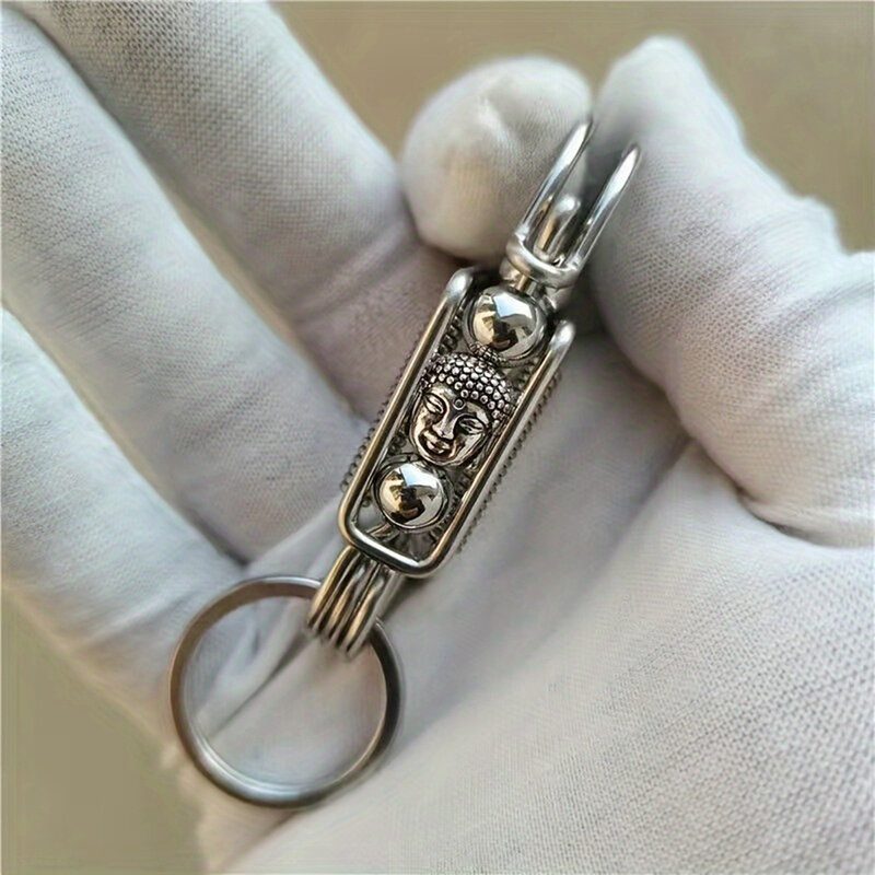 Handmade Steel Wire Car Key Ring Stainless steel Keychain, Engraved Buddha Statue Matte Round Bead, Men's Trinket Outdoor Style