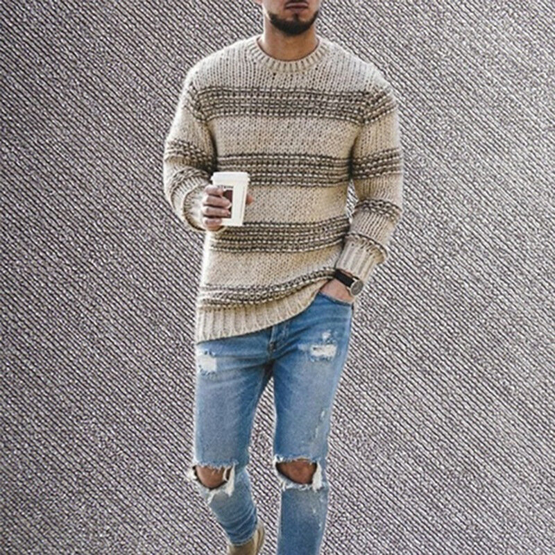 Pulôver masculino de manga comprida com gola em O, suéter solto, top grosso de malha monocromático, moda outono e inverno