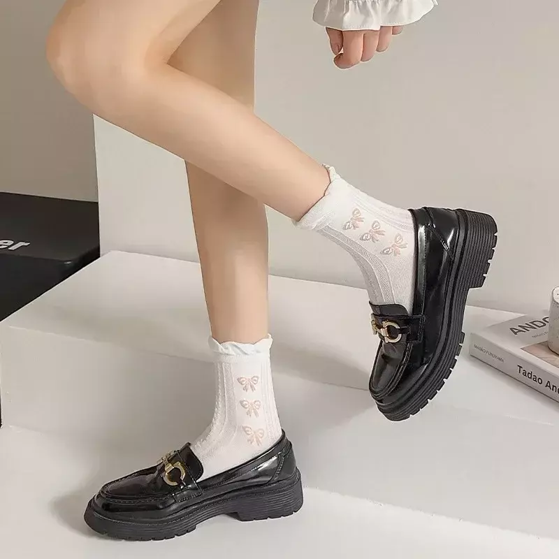 3 Pairs Sweet Lolita Lace Bow Middle Tube Socks Black White JK Korean Soft Cotton Breathable Sock Casual Kawaii Female Sokken