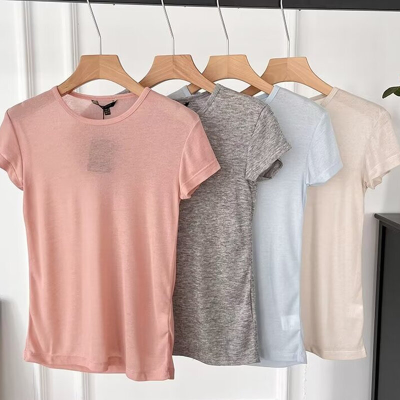 Maxdutti-T-shirt à col rond pour femme, haut en coton, simple et décontracté, style nordique et minimaliste, couleur unie, été